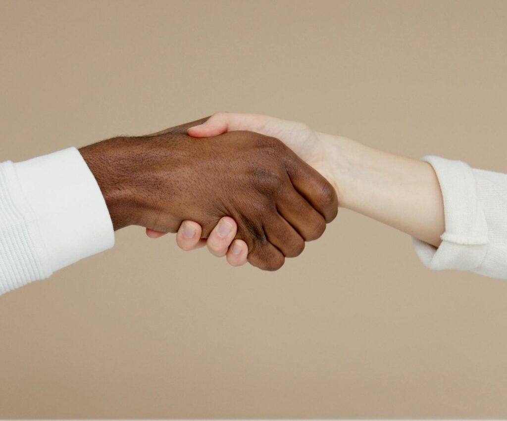 Close-up of a diverse handshake symbolizing unity and cooperation on a neutral background.
